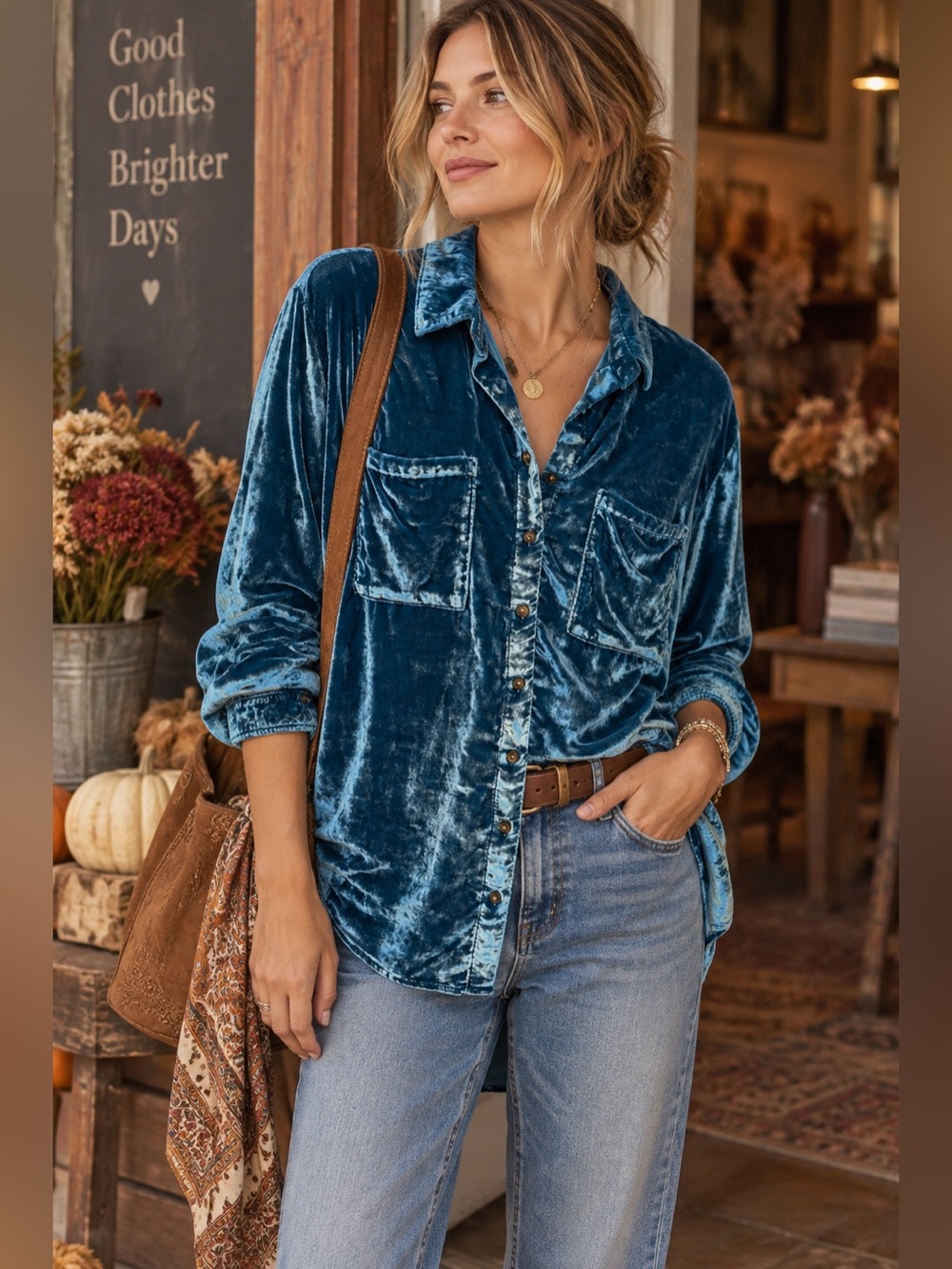 Anthropologie Pilcro Hadley Teal Velvet Button-Down Shirt Size Large